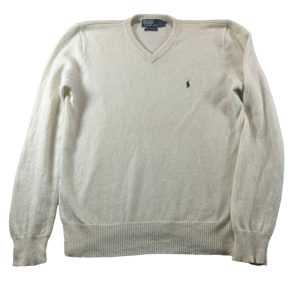 Polo Ralph Lauren Sweater Mens L Cream V-Neck 100% Lambswool Pony Logo 20328